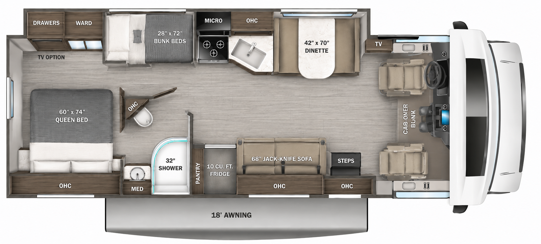 Floor plan of the 2026 Jayco Greyhawk 31F showing rear queen bed, bunk beds, dinette, kitchen, shower and cab-over bunk