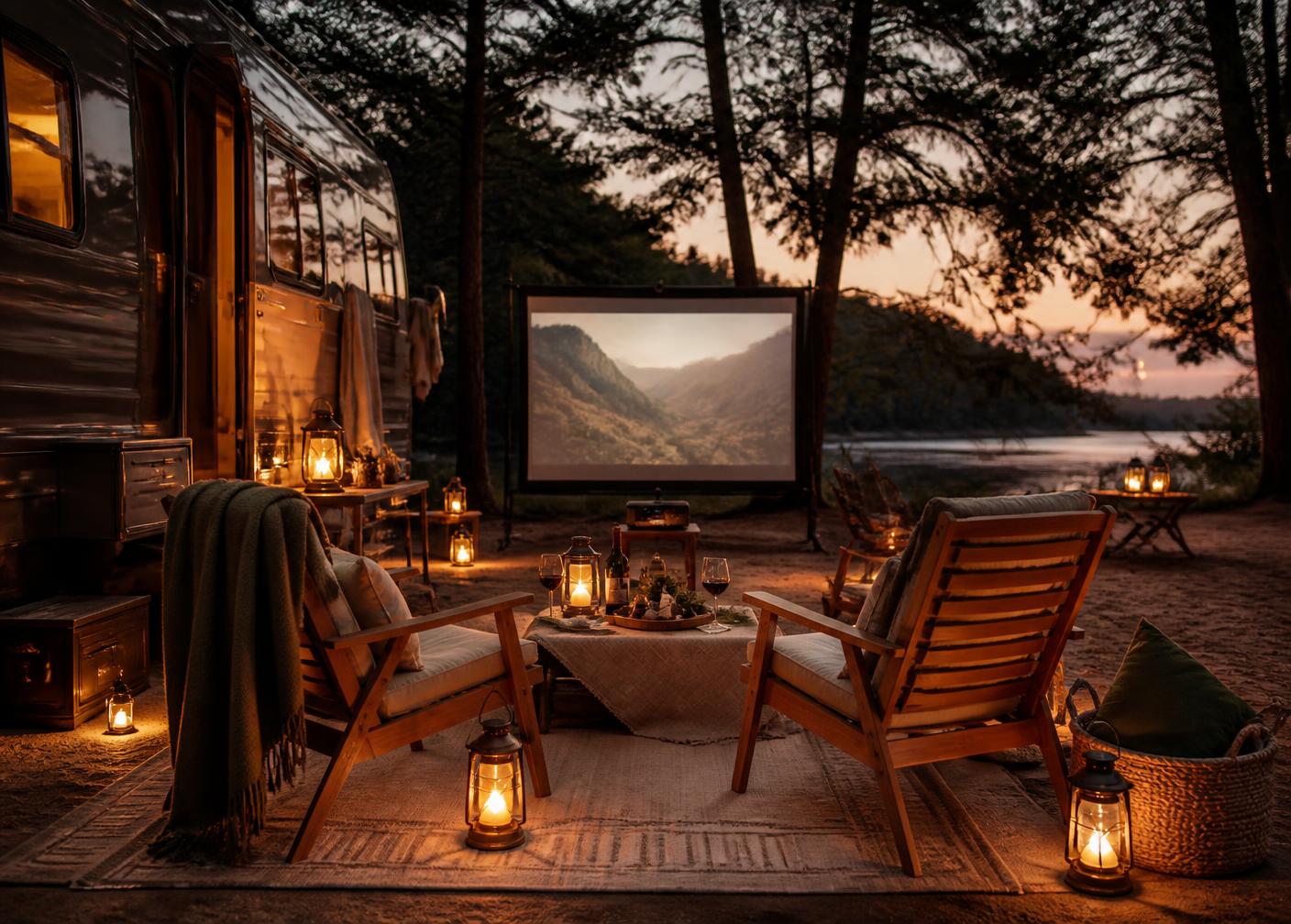 Outdoor lounge with lanterns staged beside a motorhome at dusk