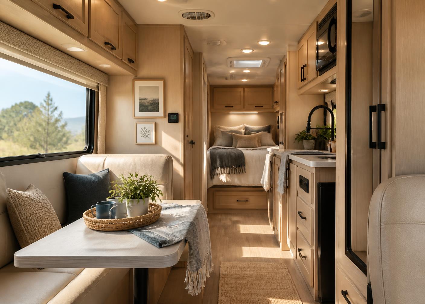 Warm, light interior of a modern Class C motorhome